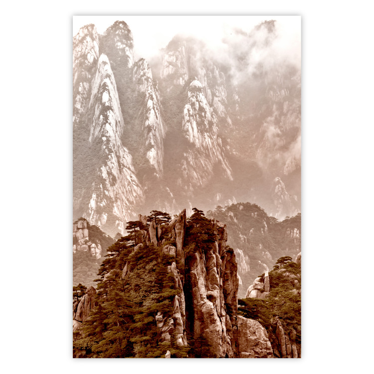 Wall Poster Monolith - mountain landscape with small plant details in sepia tone 127907