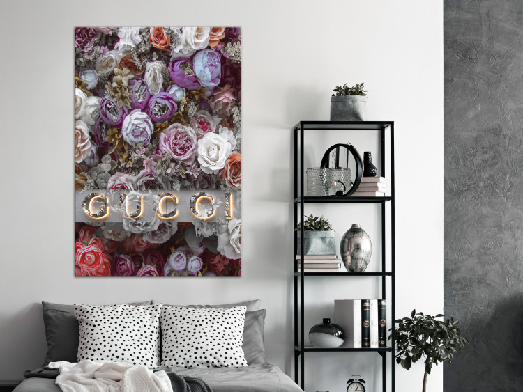 Canvas Gucci and Roses (1-piece) Vertical - inscription on a background of colorful flowers 131607 additionalImage 3