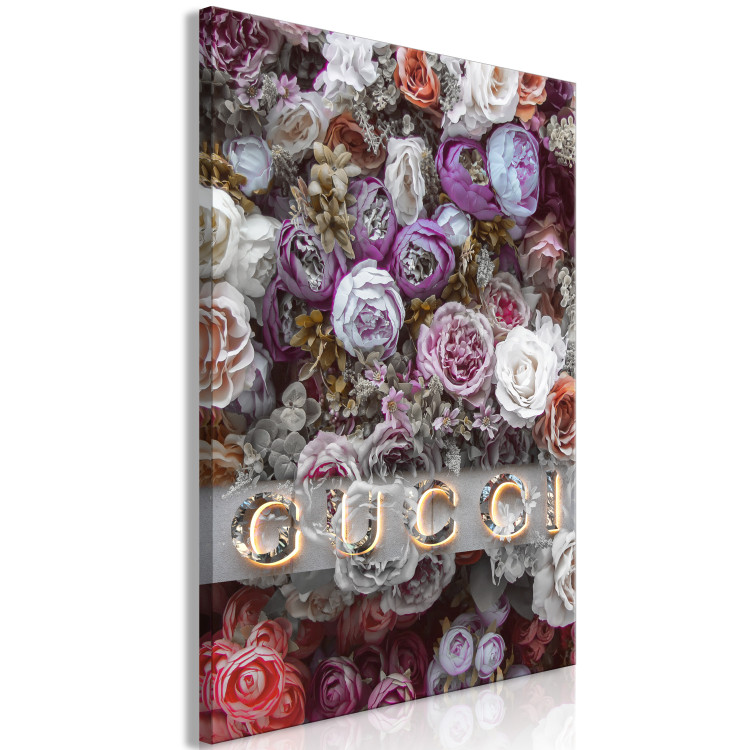Canvas Gucci and Roses (1-piece) Vertical - inscription on a background of colorful flowers 131607 additionalImage 2
