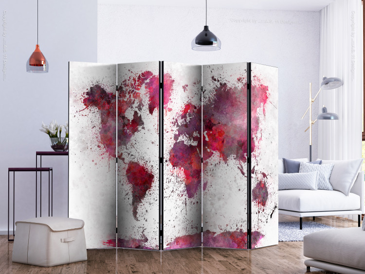 Folding Screen World Map: Red Watercolors II (5-piece) - blood-red continents 132707 additionalImage 2