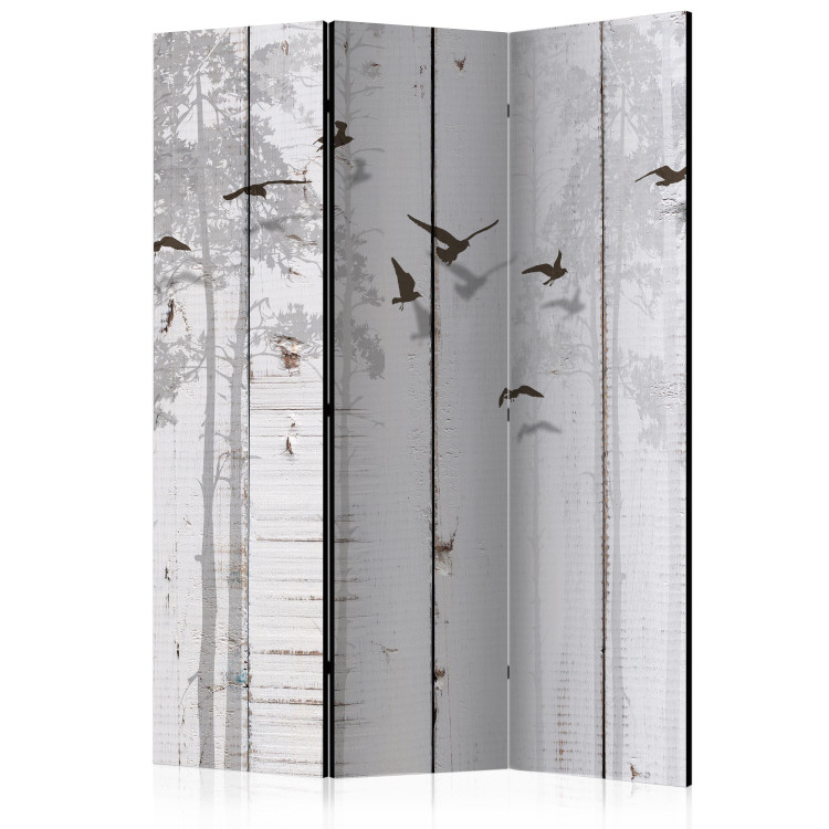 Room Divider Birds on Planks (3-piece) - gray wood and animals among trees 132807