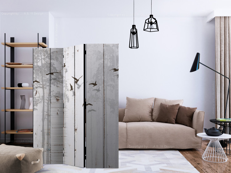 Room Divider Birds on Planks (3-piece) - gray wood and animals among trees 132807 additionalImage 4