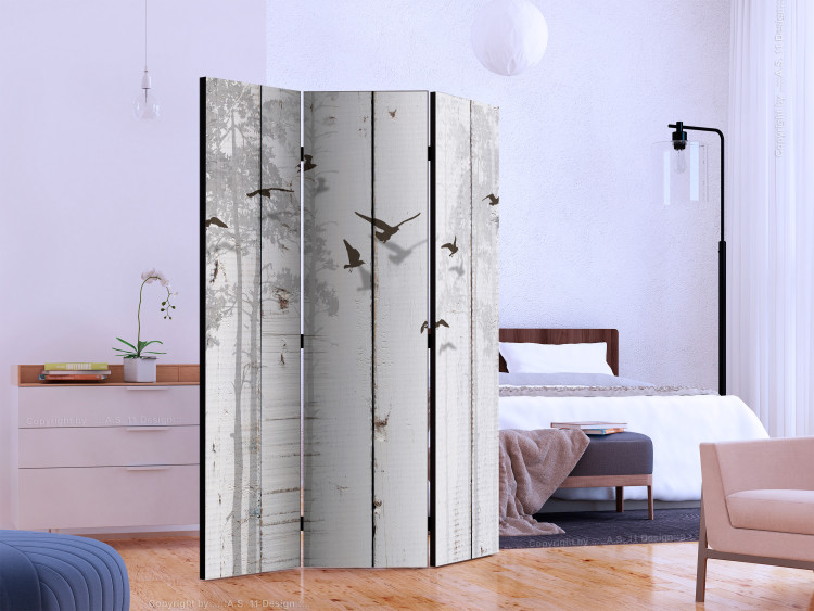 Room Divider Birds on Planks (3-piece) - gray wood and animals among trees 132807 additionalImage 2