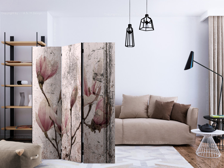 Room Divider Magnolia Curtain (3-piece) - pink flowers on a distressed background 134307 additionalImage 4