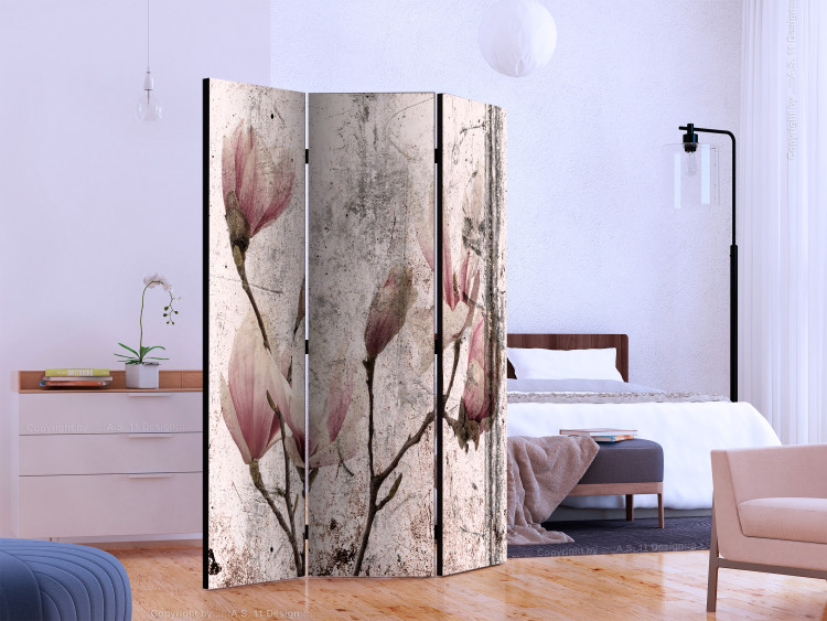 Room Divider Magnolia Curtain (3-piece) - pink flowers on a distressed background 134307 additionalImage 2