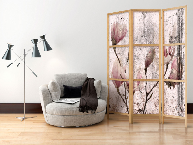Room Divider Magnolia Curtain (3-piece) - pink flowers on a distressed background 134307 additionalImage 8