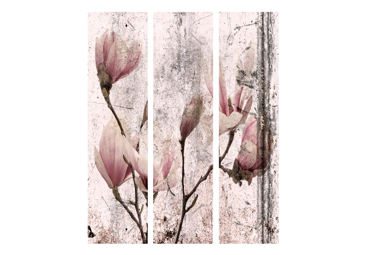 Room Divider Magnolia Curtain (3-piece) - pink flowers on a distressed background 134307 additionalImage 3