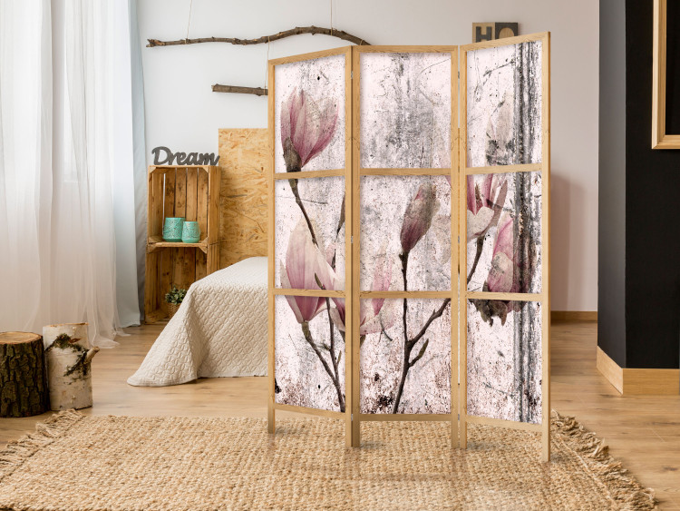 Room Divider Magnolia Curtain (3-piece) - pink flowers on a distressed background 134307 additionalImage 6