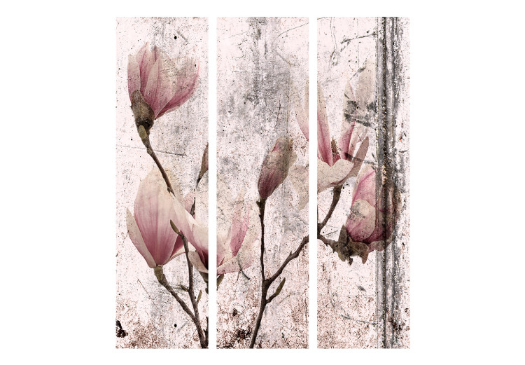 Room Divider Magnolia Curtain (3-piece) - pink flowers on a distressed background 134307 additionalImage 7