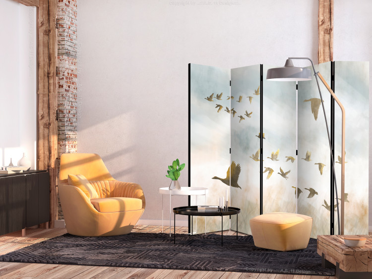 Room Divider Golden Geese II (5-piece) - Flying birds and countryside landscape in the background 138107 additionalImage 2