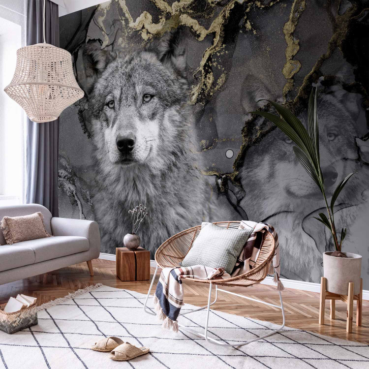 Wall Mural Tranquil wolves - abstract with animal motif and golden patterns 142807