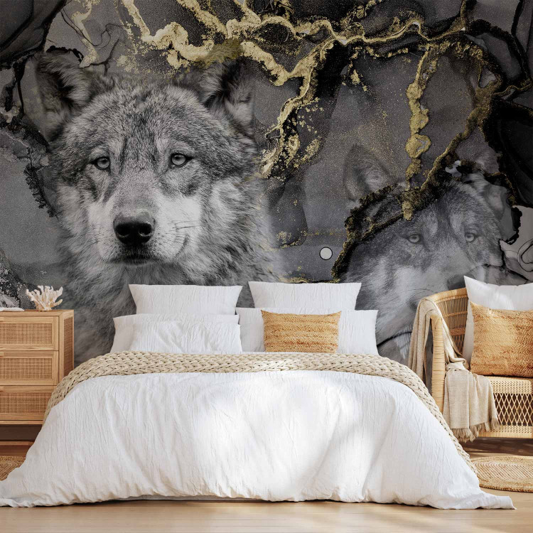 Wall Mural Tranquil wolves - abstract with animal motif and golden patterns 142807 additionalImage 2