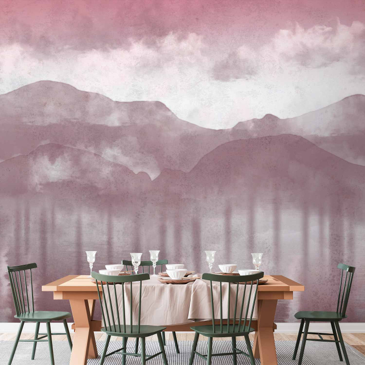 Wall Mural Hazy Landscape - View of the Mountains and the Lake in Pink Shades 146007 additionalImage 4