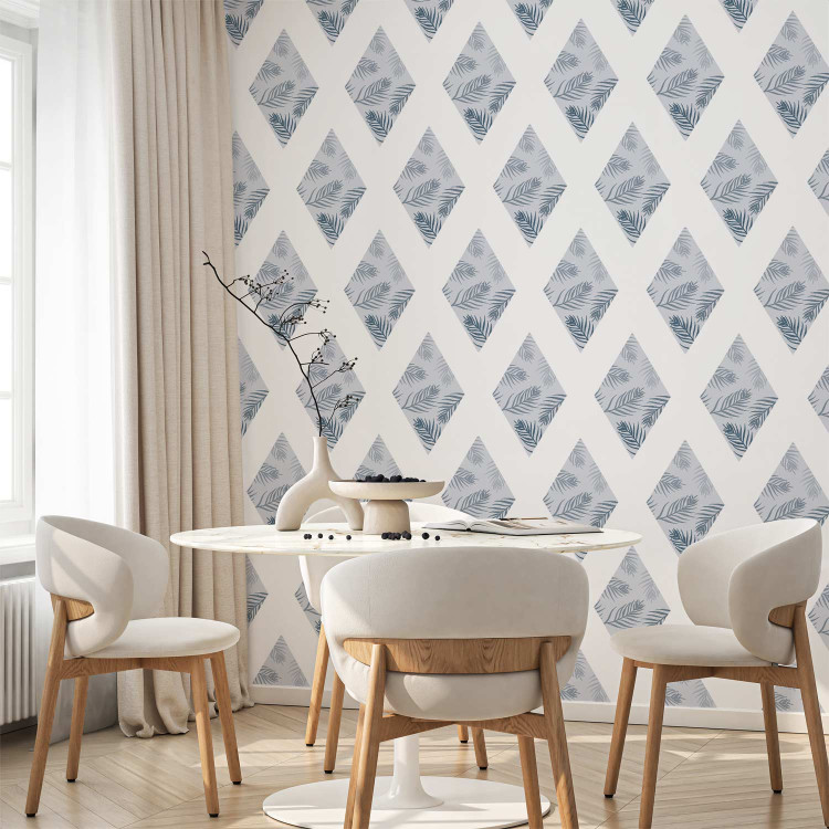 Modern Wallpaper Pattern - Palm Leaves on Blue Diamonds Connected With White Stripes 149907
