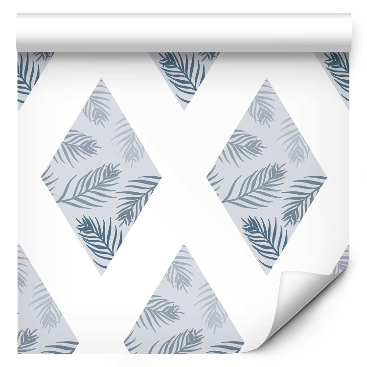 Modern Wallpaper Pattern - Palm Leaves on Blue Diamonds Connected With White Stripes 149907 additionalImage 6