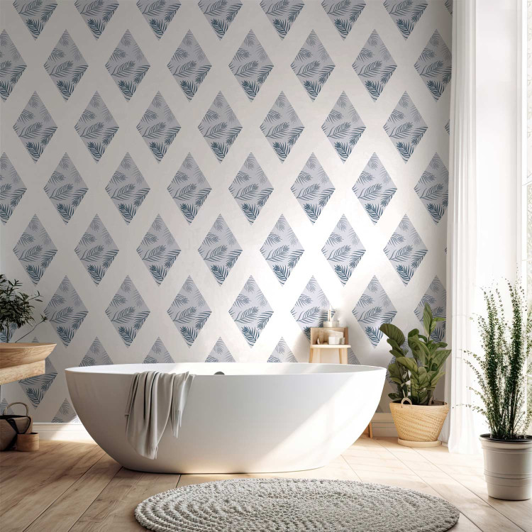 Modern Wallpaper Pattern - Palm Leaves on Blue Diamonds Connected With White Stripes 149907 additionalImage 10
