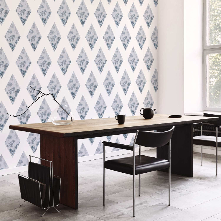 Modern Wallpaper Pattern - Palm Leaves on Blue Diamonds Connected With White Stripes 149907 additionalImage 9