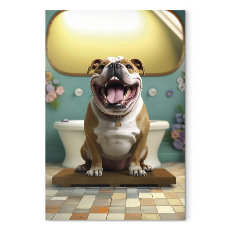 Canvas Art Print AI French Bulldog Dog - Animal Waiting In Colorful Bathroom - Vertical 150107