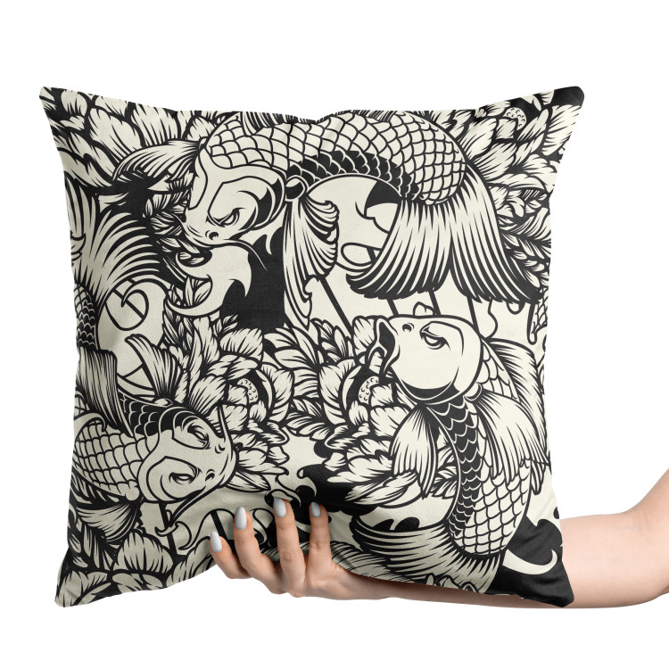 Decorative Velor Pillow Fish Among Flowers - Black and White Linear Composition With Koi Carp 151307 additionalImage 2