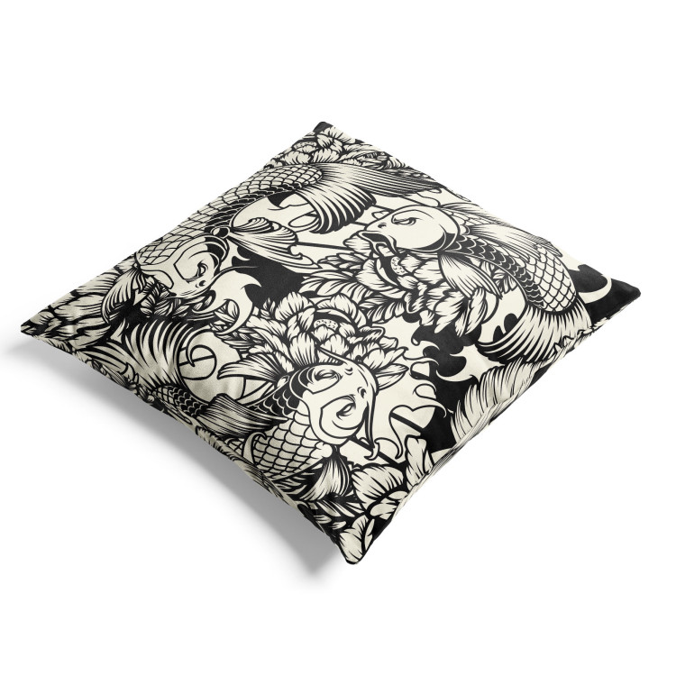 Decorative Velor Pillow Fish Among Flowers - Black and White Linear Composition With Koi Carp 151307 additionalImage 4