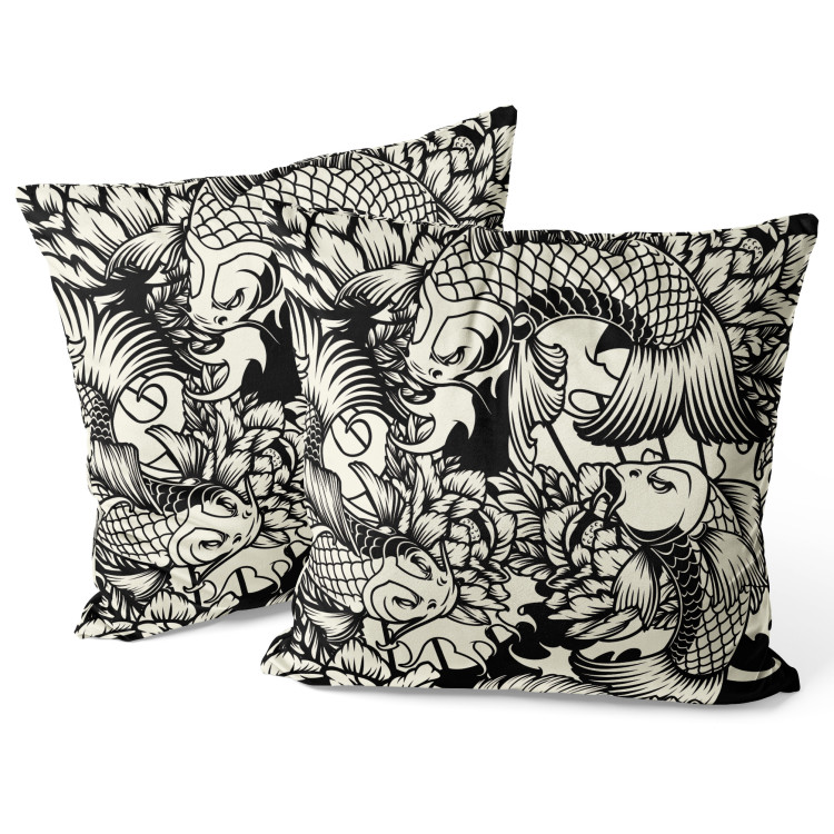 Decorative Velor Pillow Fish Among Flowers - Black and White Linear Composition With Koi Carp 151307 additionalImage 3