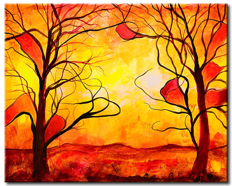 Canvas Art Print Burning Landscape (1-piece) - fantasy with leafy trees and sky 46807