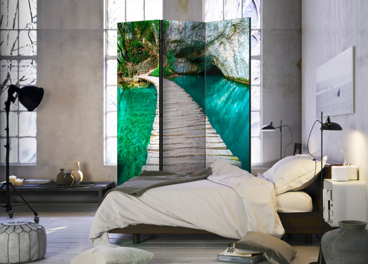 Room Divider Emerald Lake - landscape of a lake and a wooden long bridge 95307 additionalImage 2