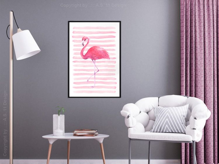 Wall Poster Flamingo and Stripes - composition with a pink bird on a background of horizontal stripes 115317 additionalImage 3