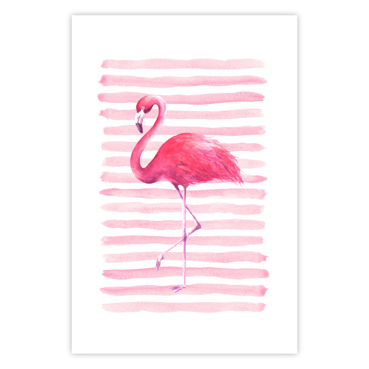Wall Poster Flamingo and Stripes - composition with a pink bird on a background of horizontal stripes 115317 additionalImage 19