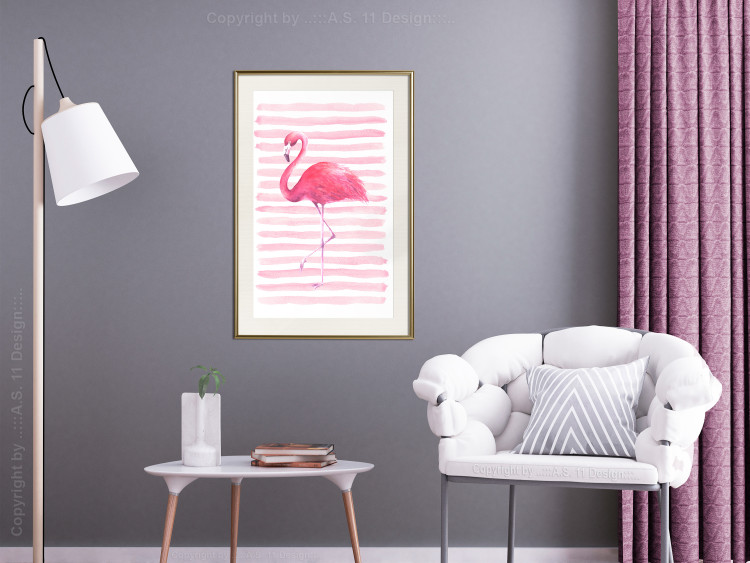 Wall Poster Flamingo and Stripes - composition with a pink bird on a background of horizontal stripes 115317 additionalImage 21