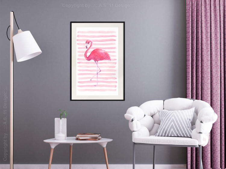 Wall Poster Flamingo and Stripes - composition with a pink bird on a background of horizontal stripes 115317 additionalImage 22