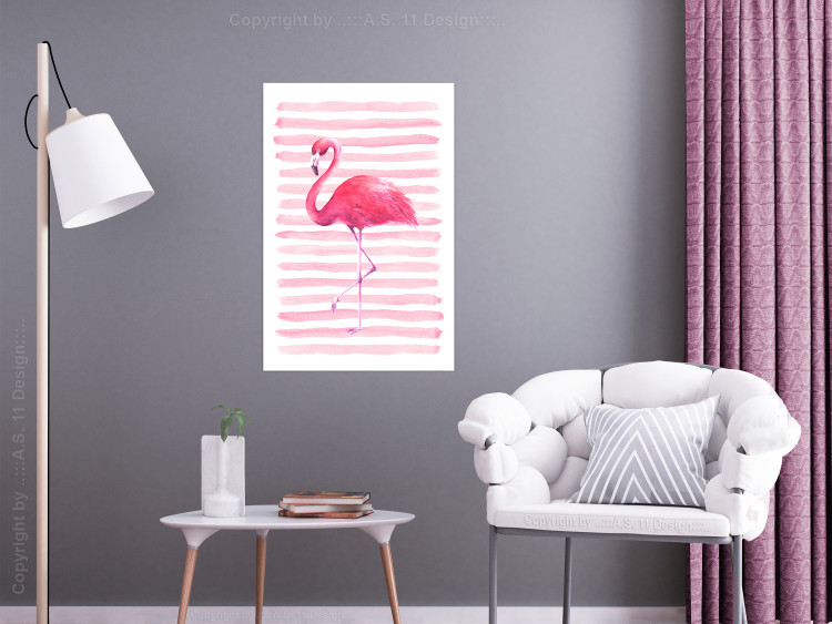 Wall Poster Flamingo and Stripes - composition with a pink bird on a background of horizontal stripes 115317 additionalImage 17