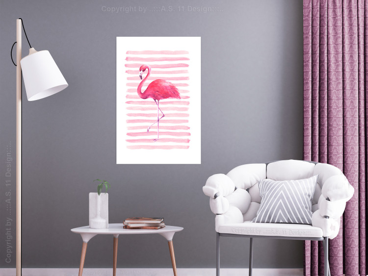 Wall Poster Flamingo and Stripes - composition with a pink bird on a background of horizontal stripes 115317 additionalImage 2