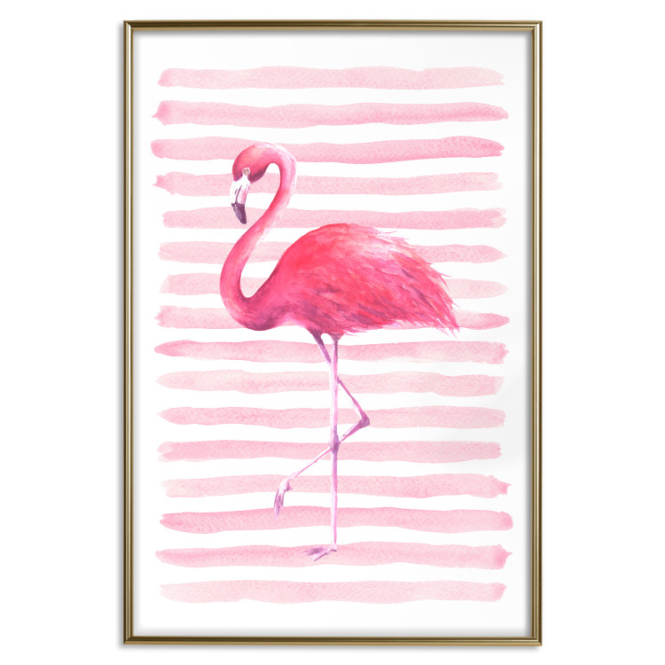 Wall Poster Flamingo and Stripes - composition with a pink bird on a background of horizontal stripes 115317 additionalImage 20