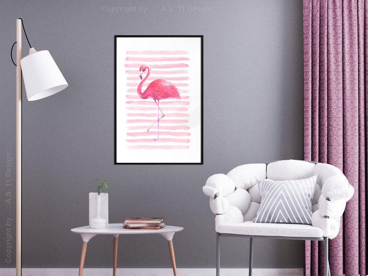 Wall Poster Flamingo and Stripes - composition with a pink bird on a background of horizontal stripes 115317 additionalImage 4