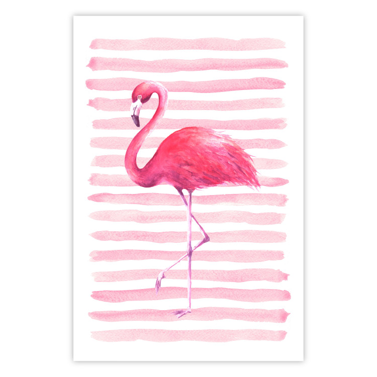 Wall Poster Flamingo and Stripes - composition with a pink bird on a background of horizontal stripes 115317