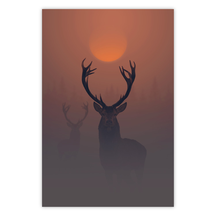 Wall Poster Deer in the Mist - animal against a sunset backdrop during mist 129917