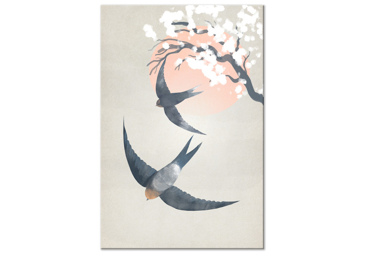 Canvas Art Print Swallows in Flight (1-piece) Vertical - birds against a cherry tree background 142417
