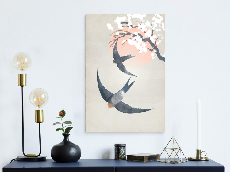 Canvas Art Print Swallows in Flight (1-piece) Vertical - birds against a cherry tree background 142417 additionalImage 3