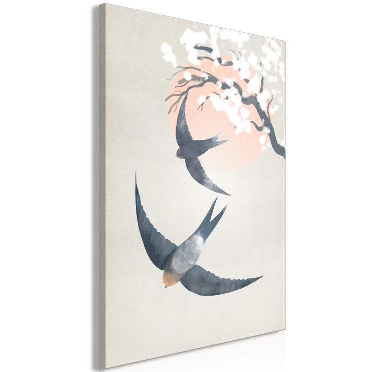 Canvas Art Print Swallows in Flight (1-piece) Vertical - birds against a cherry tree background 142417 additionalImage 2