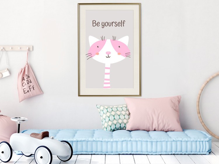 Wall Poster Be Yourself - Pink Cheerful Cat and a Motivating Slogan for Children 146617 additionalImage 23