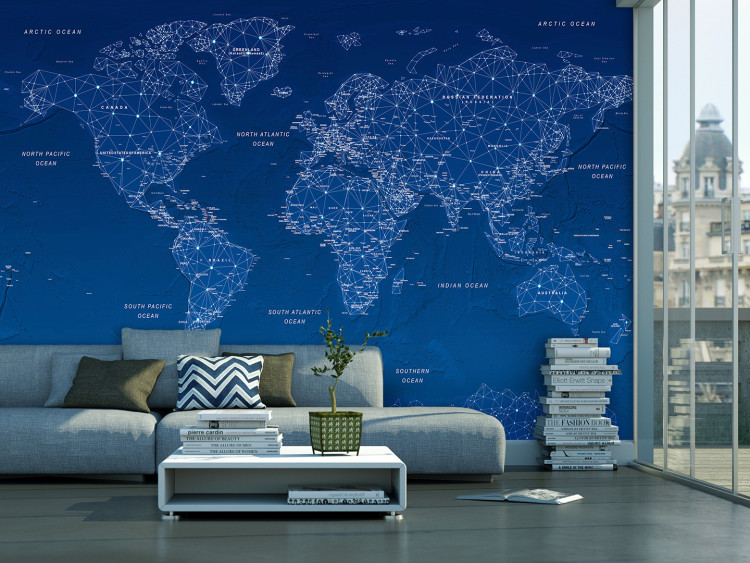 Photo Wallpaper Blue world map - geometric outline with words in English 95017