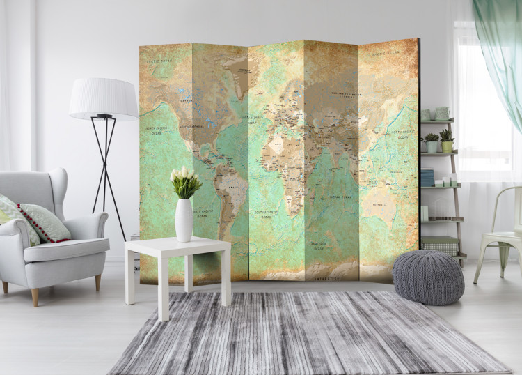 Folding Screen Turquoise World Map - map of continents with retro-style inscriptions 95417 additionalImage 2