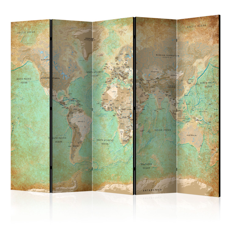 Folding Screen Turquoise World Map - map of continents with retro-style inscriptions 95417