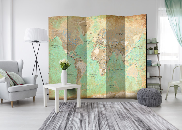 Folding Screen Turquoise World Map - map of continents with retro-style inscriptions 95417 additionalImage 4