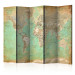 Folding Screen Turquoise World Map - map of continents with retro-style inscriptions 95417