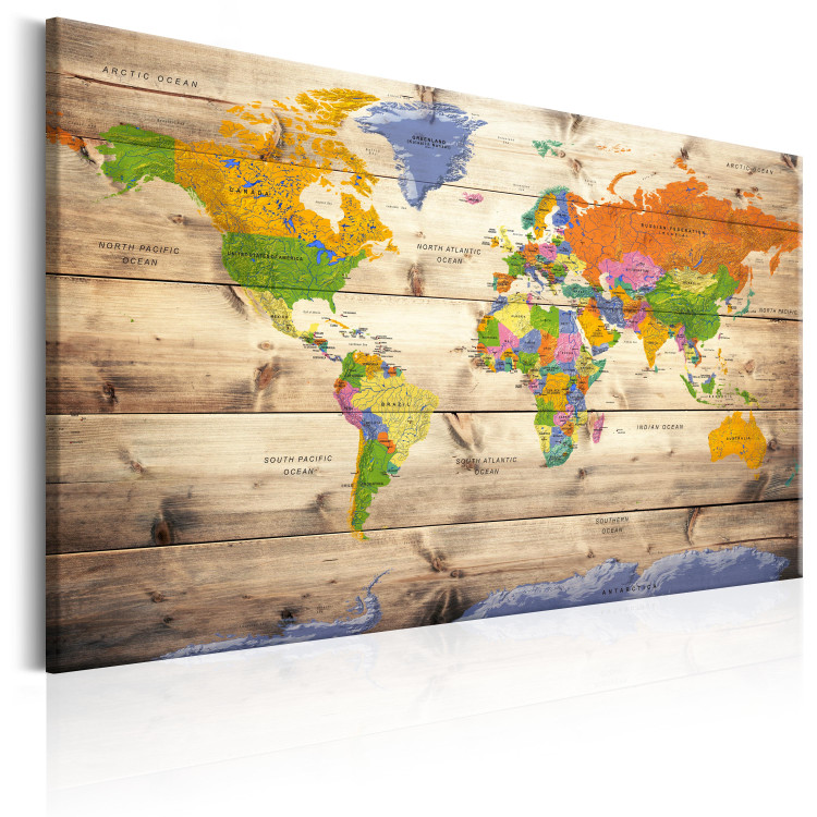 Canvas Print Map of Colorful Continents (1-part) - World on Wooden Background 97517 additionalImage 2