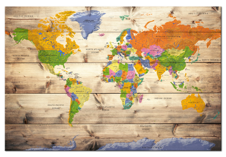 Canvas Print Map of Colorful Continents (1-part) - World on Wooden Background 97517