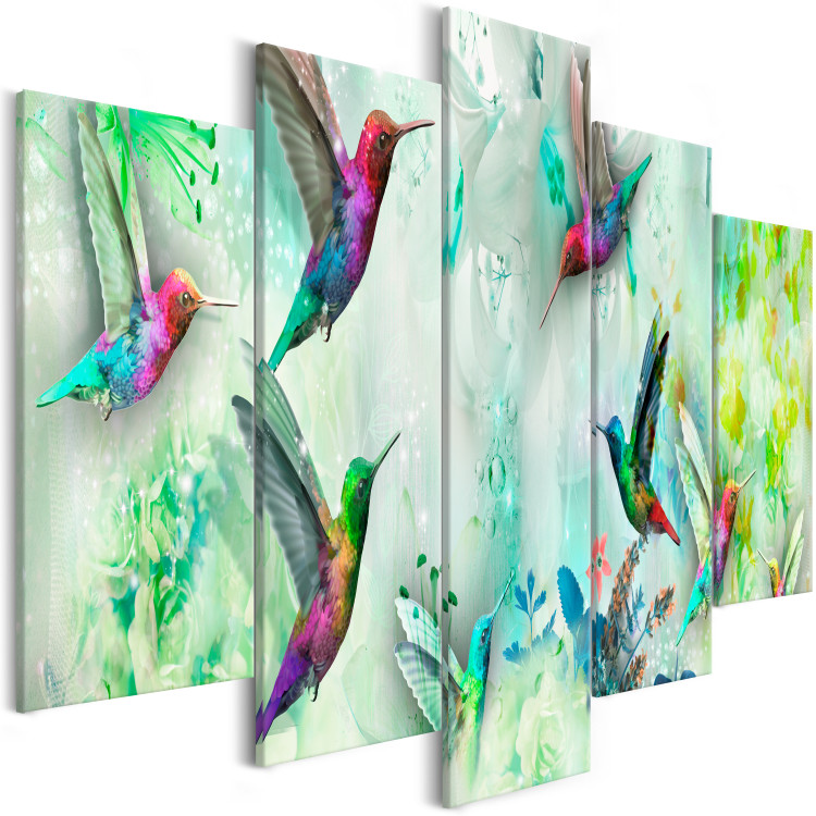 Canvas Colorful Hummingbirds (5-part) Wide Green - Romantic Birds 108027 additionalImage 2