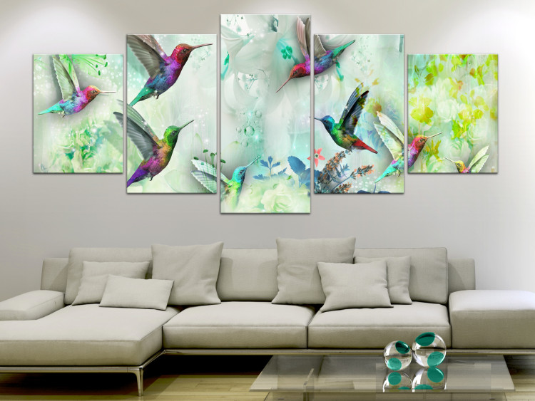 Canvas Colorful Hummingbirds (5-part) Wide Green - Romantic Birds 108027 additionalImage 3
